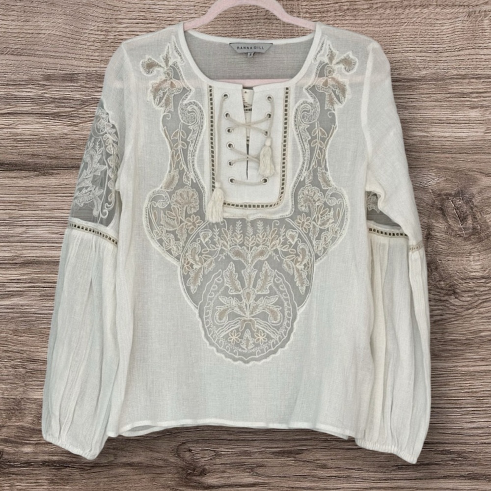 Anthropologie Ranna Gill Cream Long Sleeve Blouse, NWT